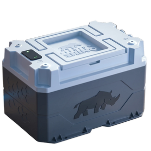 Lithium Rhino 36V 65Ah and 24V 100Ah lithium marine batteries side by side in matching gray waterproof cases