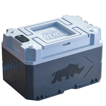 Lithium Rhino 36V 65Ah and 24V 100Ah lithium marine batteries side by side in matching gray waterproof cases