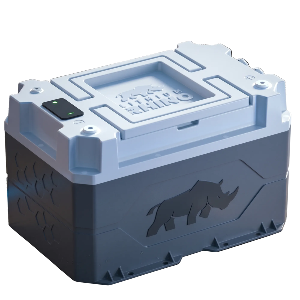 Lithium Rhino 24V 100Ah and 36V 65Ah lithium marine batteries side by side in gray waterproof cases