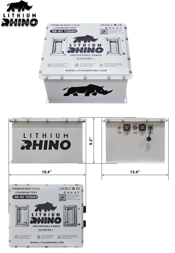 Dimension drawing of the Lithium Rhino LR38V105AH 36V lithium golf cart battery, 15.4 x 13.4 x 9.3 inches