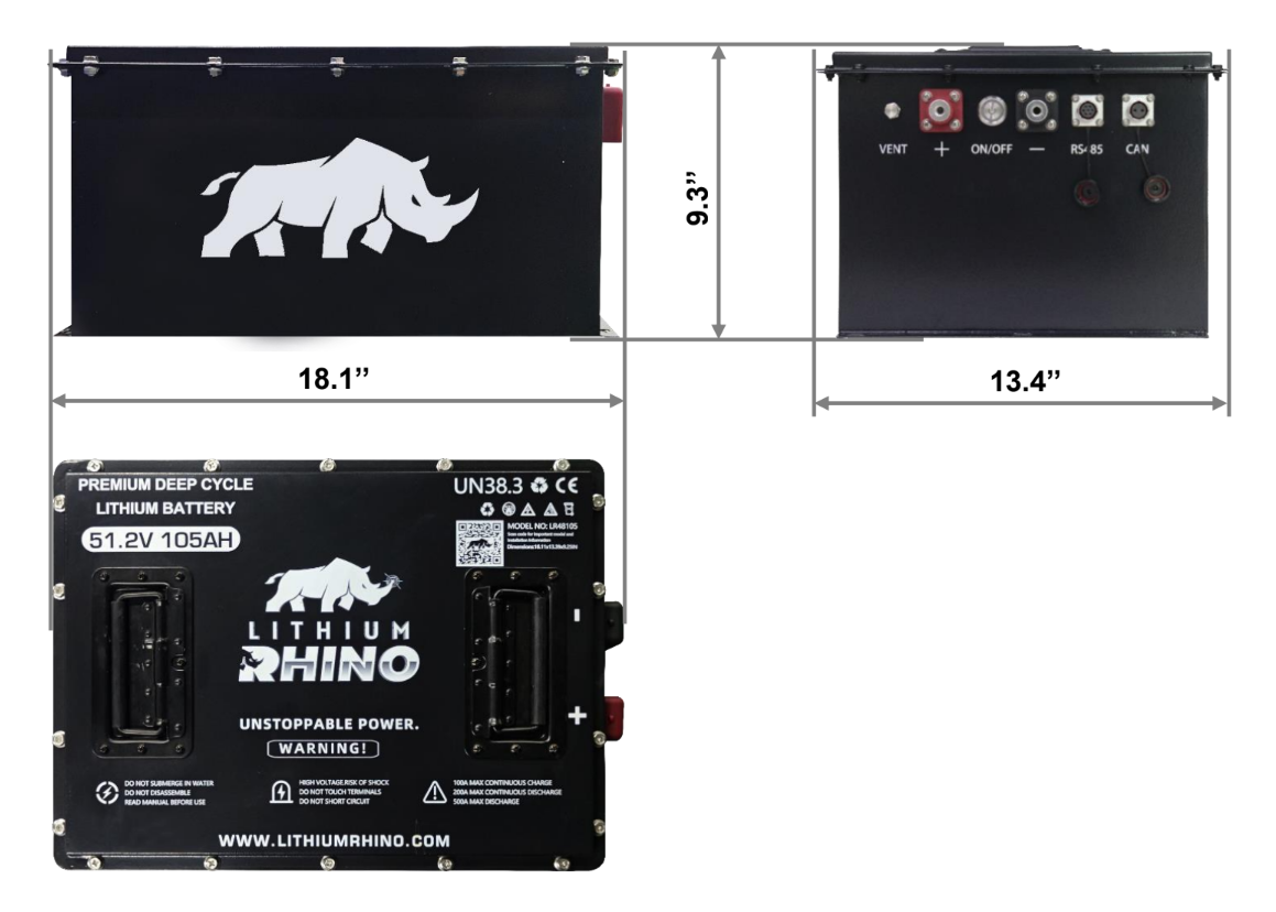 Lithium Rhino 48V 105Ah lithium battery spec sheet with 18.1 x 13.4 x 9.3 inch dimension drawing