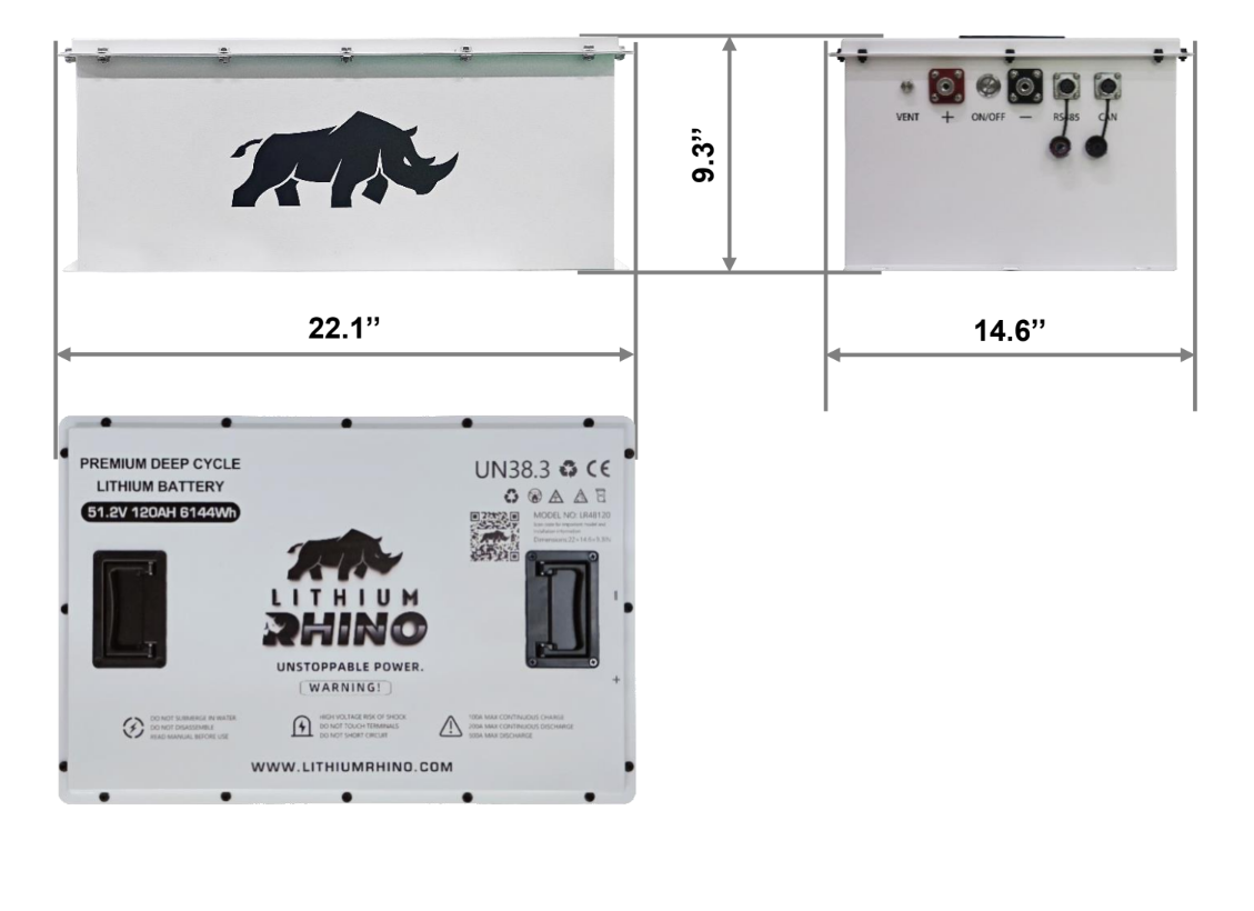Lithium Rhino 48V 120Ah lithium battery spec sheet with 22.1 x 14.6 x 9.3 inch dimension drawing
