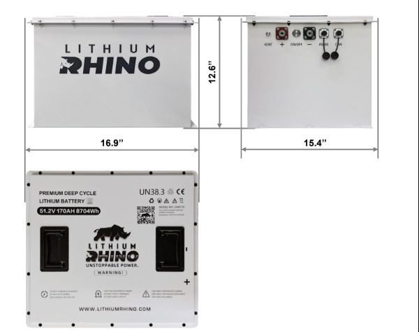 Lithium Rhino LR51V170AH dimension drawing and spec sheet, 16.9 x 15.4 x 12.6 inch 48V 170Ah lithium battery
