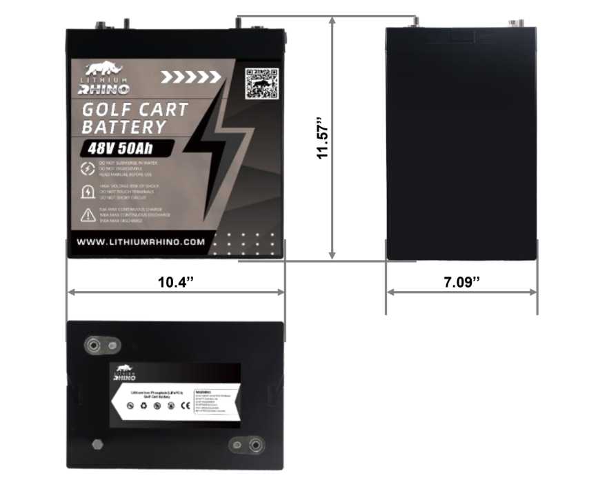 Spec sheet and dimension drawing for the Lithium Rhino LR51V50AH 48V 50Ah lithium golf cart battery