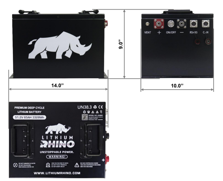 Spec sheet and dimension drawing for the Lithium Rhino LR51V65AH 48V 65Ah lithium golf cart battery
