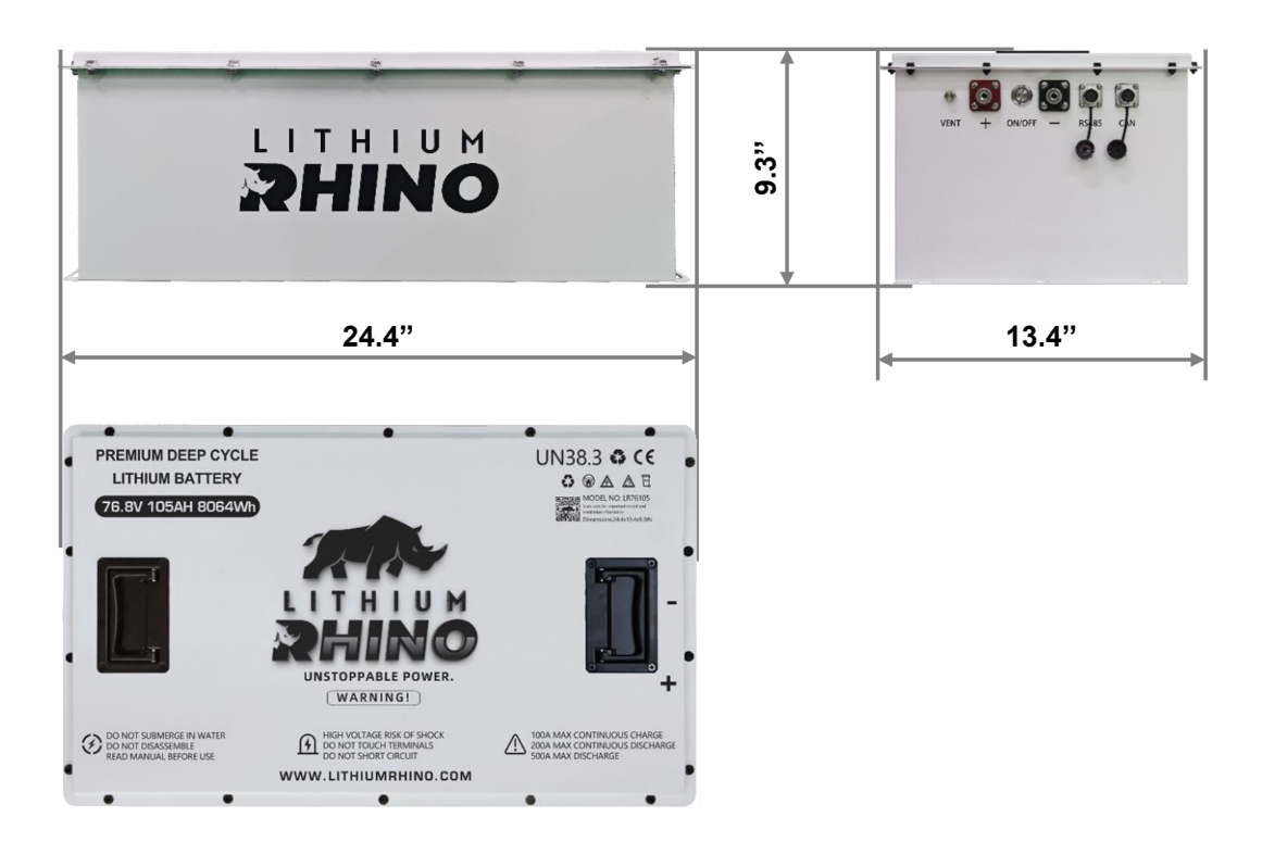 Lithium Rhino LR76V105AH spec sheet with dimension drawing, 24.4 x 13.4 x 9.3 inch 76.8V 105Ah lithium battery