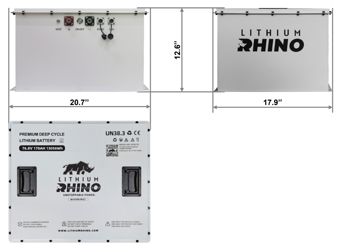 Lithium Rhino LR76V170AH spec sheet with dimension drawing, 20.7 x 17.9 x 12.6 inch 72V lithium battery