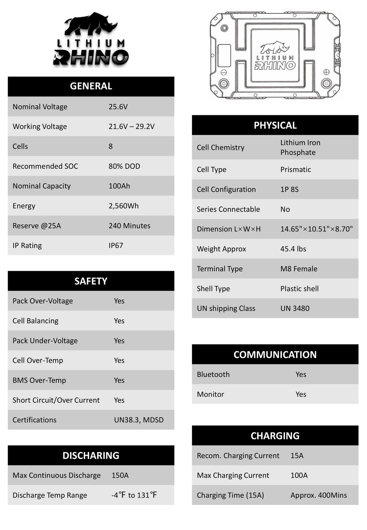 Lithium Rhino LR24V100AH-M 24V 100Ah lithium trolling motor battery specification sheet
