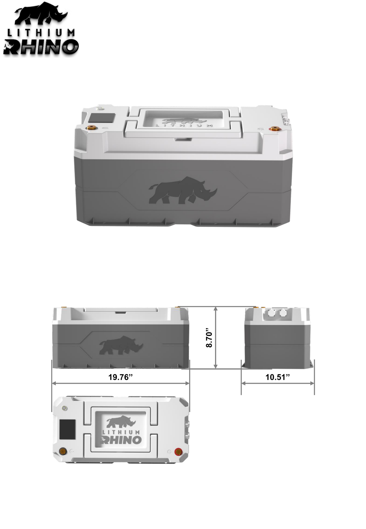 Dimension drawing of the Lithium Rhino 36V 120Ah lithium marine battery, 19.76 x 10.51 x 8.70 inches