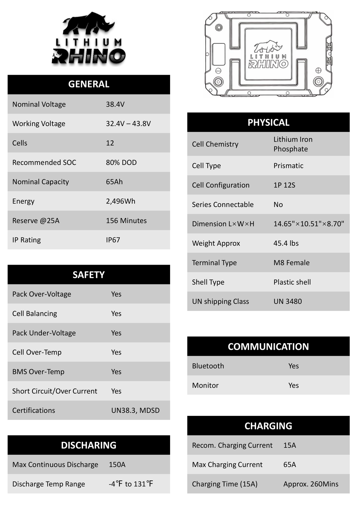 Lithium Rhino LR38V65AH-M 36V 65Ah lithium trolling motor battery specification sheet