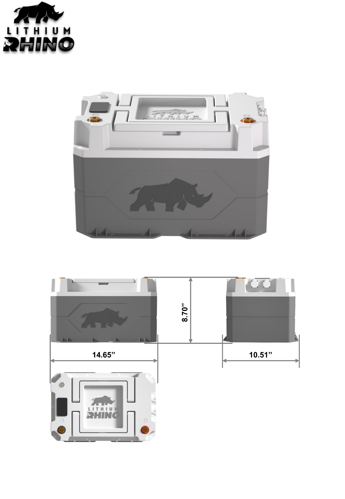 Dimension drawing of the Lithium Rhino 36V 65Ah lithium trolling motor battery, 14.65 x 10.51 x 8.70 inches