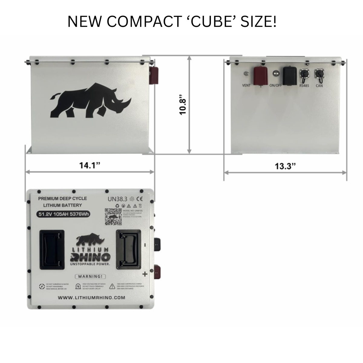 Dimension drawing of the Lithium Rhino LR51V105AH-CUBE 48V 105Ah lithium battery, 14.1 x 13.3 x 10.8 inches