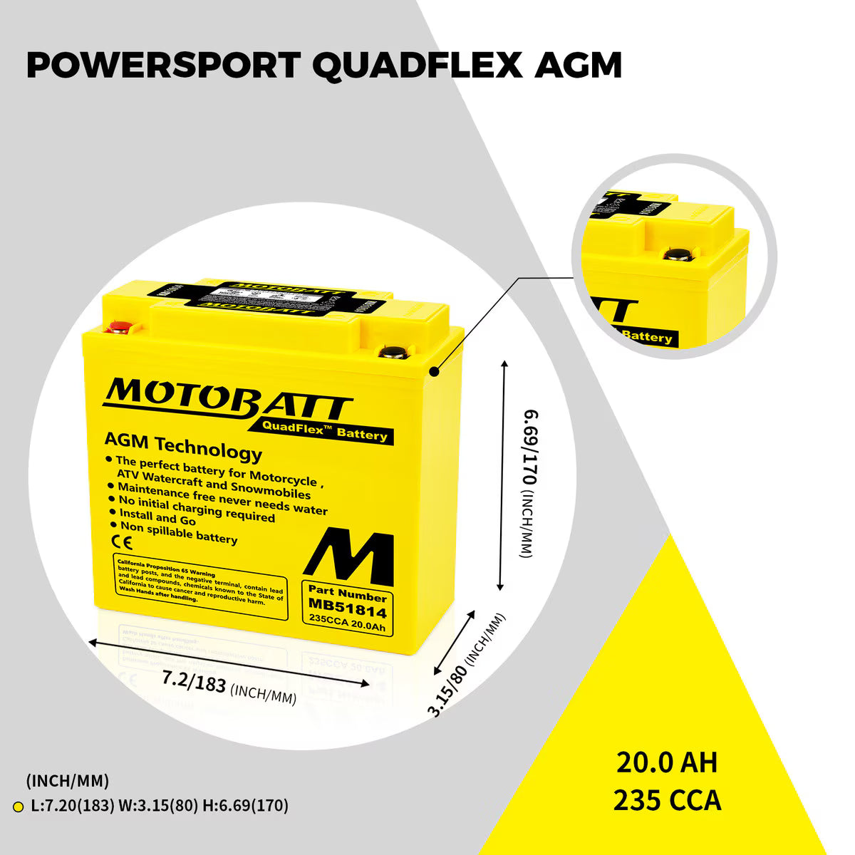 Motobatt MB51814 BMW Motorcycle Battery – 12V 20Ah 235 CCA AGM