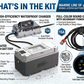 Lithium Rhino marine battery kit contents: 36V lithium battery, 15A waterproof charger, round console gauge and mounting hardware