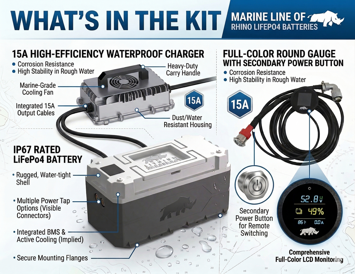 Lithium Rhino marine battery kit contents: 24V lithium trolling motor battery, 15A waterproof charger, round console gauge and mounting hardware