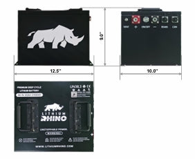 Dimension drawing of the Lithium Rhino LR38V65AH 36V lithium battery, 12.5 x 10.0 x 9.0 inches