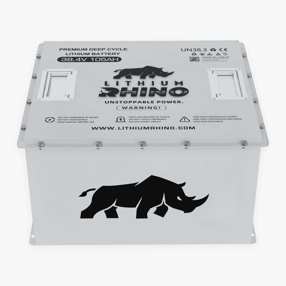 Lithium Rhino LR38V105AH 36V 105Ah lithium golf cart battery, angled view from above
