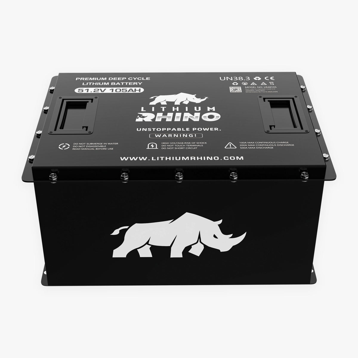 Angled view of the black Lithium Rhino 48V 105Ah LiFePO4 battery from the simple kit