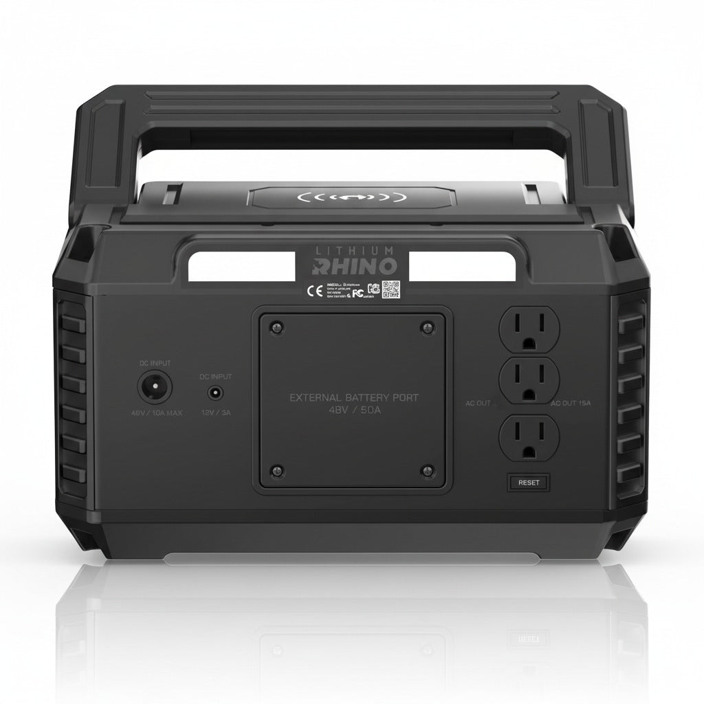 Back panel of the Lithium Rhino Power Hub 1500W pure sine wave inverter for 48V and 72V golf carts