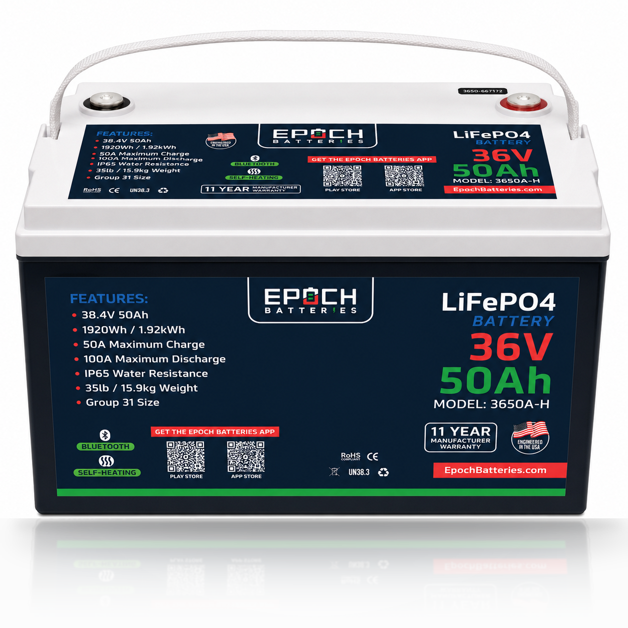 Epoch 3650A-H 36V 50Ah lithium trolling motor battery, Group 31 LiFePO4, front view