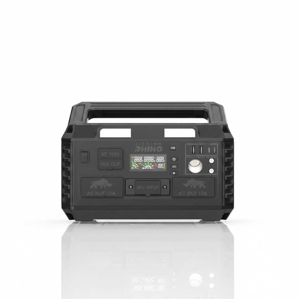 Lithium Rhino Power Hub 1500W golf cart inverter, front view showing AC outlets and USB ports