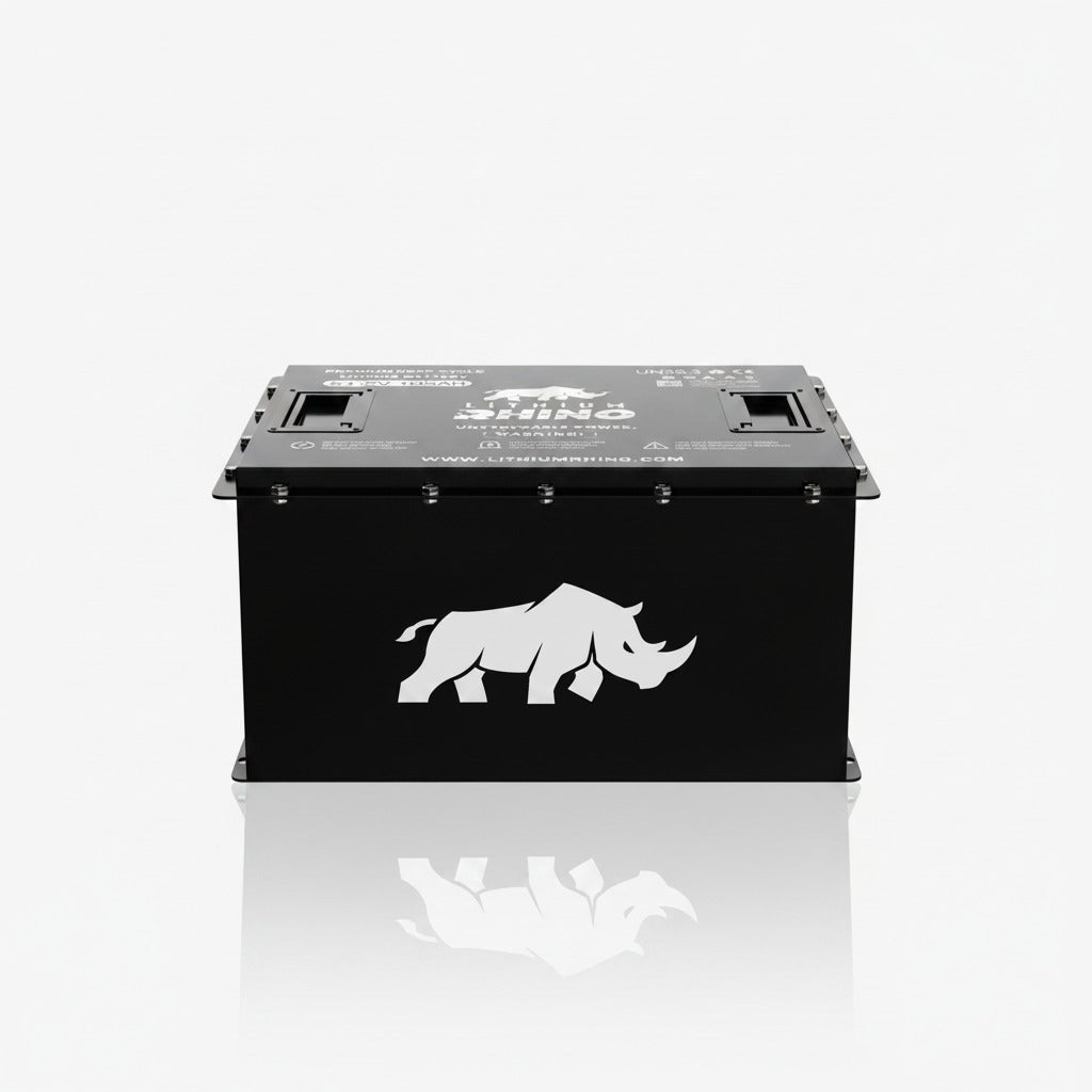 Front of the Lithium Rhino LR51V105AH-S 48V 105Ah lithium battery in a black case
