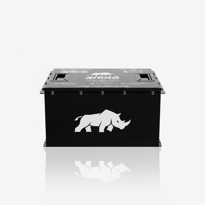 Front of the Lithium Rhino LR51V105AH-S 48V 105Ah lithium battery in a black case